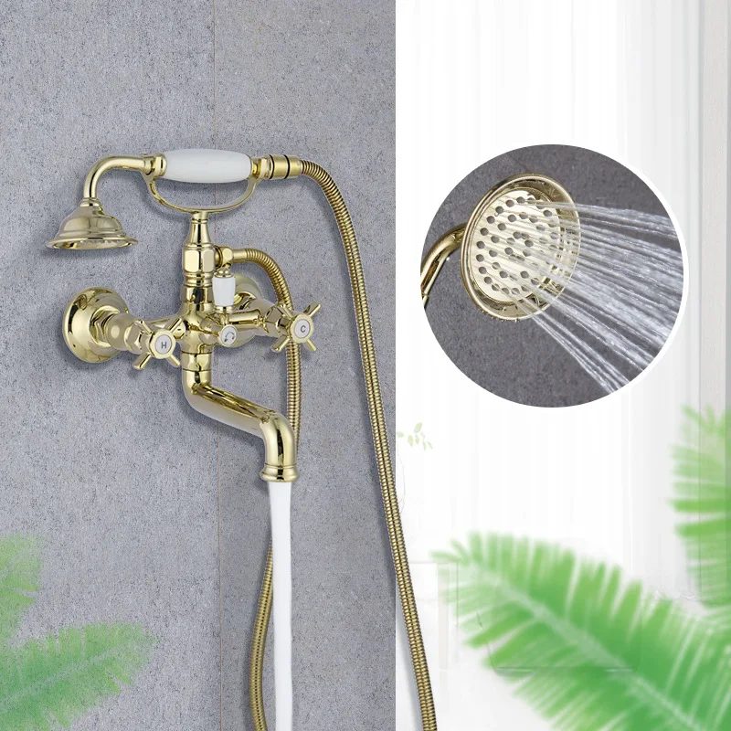 

Wall Mounted Luxury Brass Bathtub shower faucet set European Retro Gold Bathroom shower complete set Cold hot water 2 function