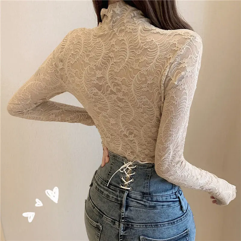 Elegant Gauze Lace Hook Flower Hollow Blouses 2023 Spring Autumn New Sexy V-Neck Slim Long Sleeve Blouse Women\'s Clothing Shirts