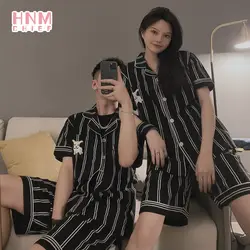 Fashion Black Stripe Print Pajama Sets Comfort Breathable Short Sleeve Sleepwear Couple Daily Nightgown Loose Casual Pajamas Set