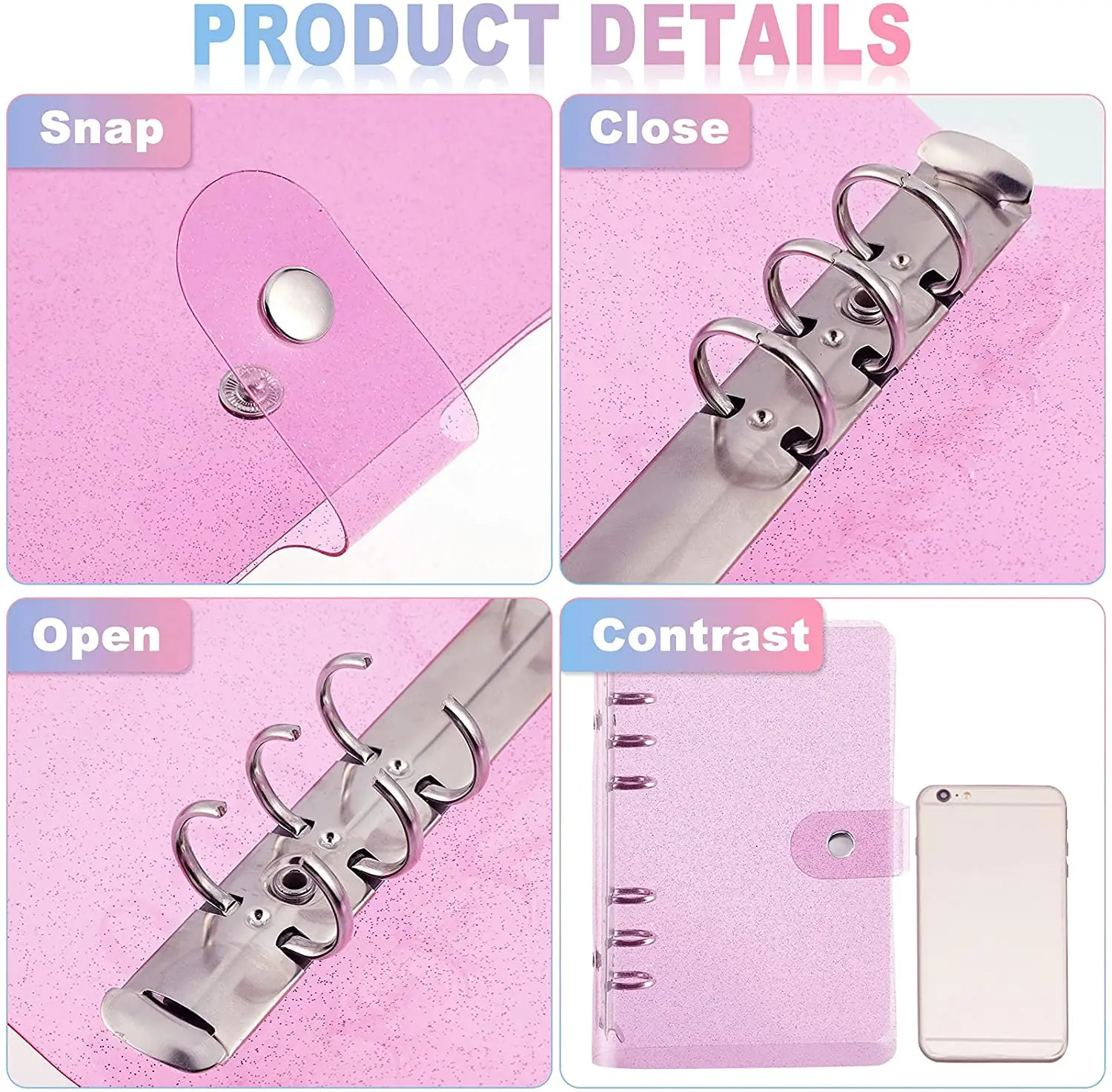 A6 Binder Clear Glitter Refillable 6-Ring Notebook Cover with Snap Button Closure,Loose Leaf Folder Notebook Personal Planner