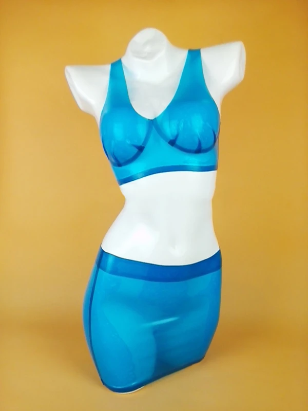 

Women's transparent blue sexy bikini outfits including latex bras & summer mini latex skirt