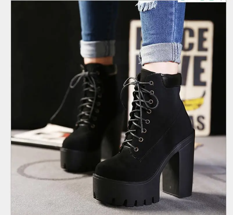 Sexy Fashion Spring Autumn Platform Ankle Boots Women Lace Up Shoes Thick Heel Platform Boots Ladies Worker Boots Black Big Size