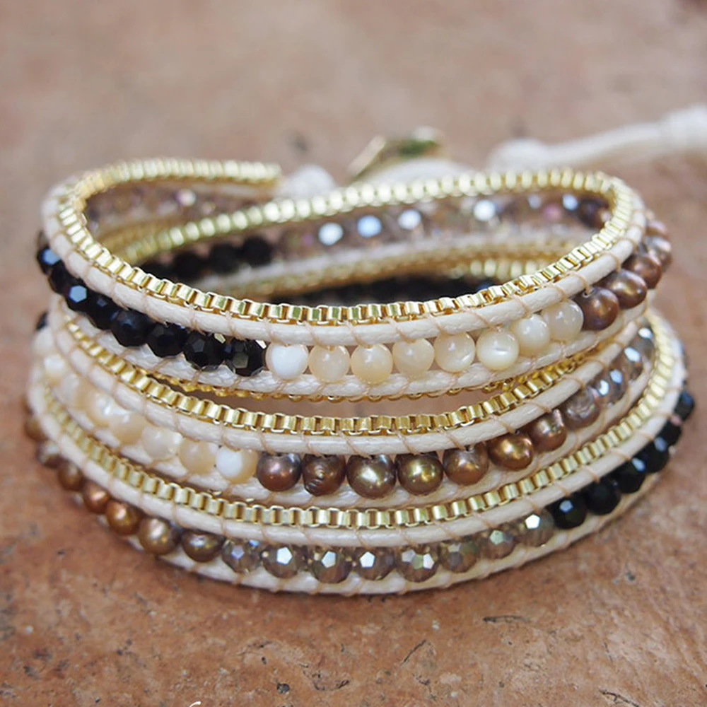 High End Mix Shell Pearl Crystal Beaded Wrap Bracelets Natural Stone with Chains Bracelet for Women Gift Ladies Jewelry Boho