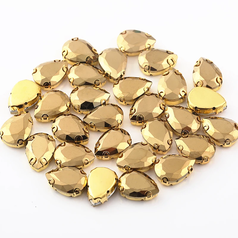 RESEN 20PCS Gold Teardrop Sewing Rhinestone With Gold Claw Glass Aurum Color Crystal Stone For Diy Clothing Dress