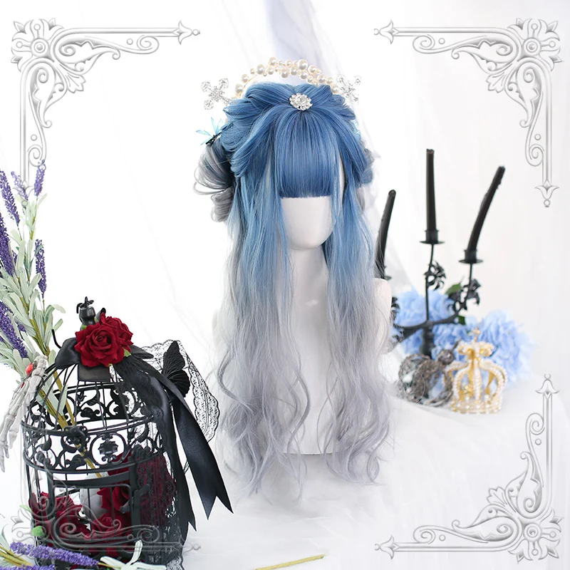 Peluca con flequillo rizado para mujer, pelo largo ondulado azul y gris, estilo Cosplay de Lolita para fiesta