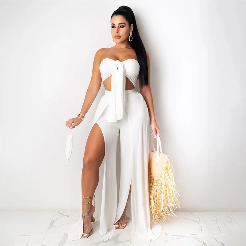 

Sexy Party Two Piece Set Women Bow Tie Up Strapless Crop Top + Split Wide Leg Pants Matching Sets Vacation Birthday Club Outfits