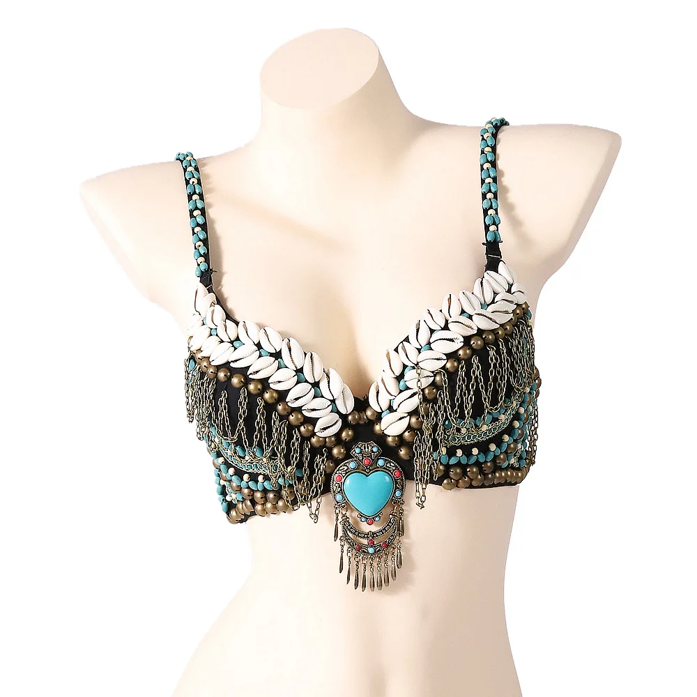 Women Tribal Belly Dance Bra Push Up Shells Beads Top Vintage Gypsy Accessories Coins Bra with Turquoise Medallion