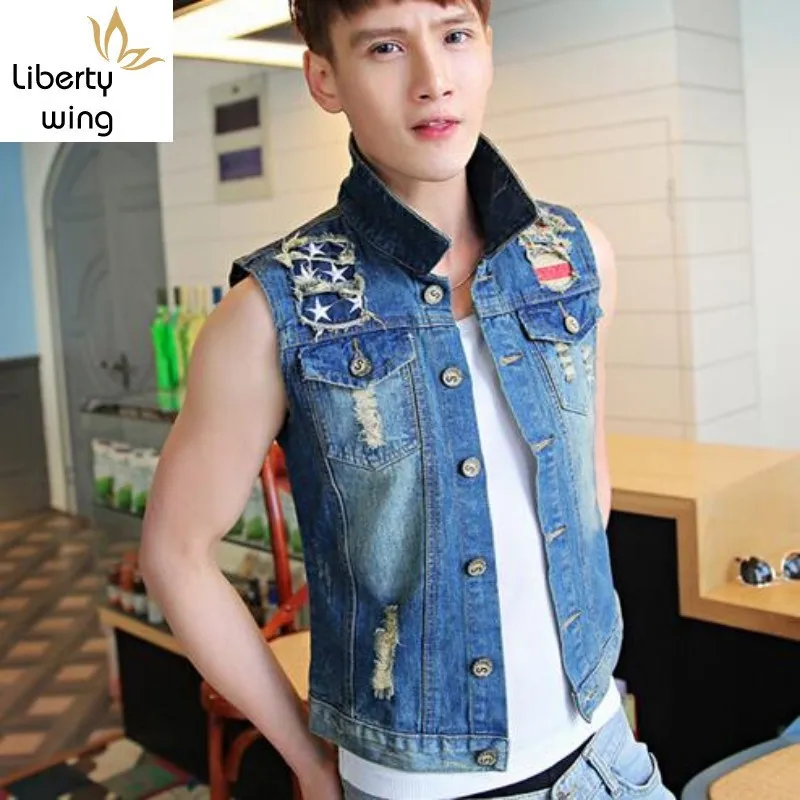 

New Mens Denim Causal Vest Jean Jacket Sleeveless Biker Button Trucker Hole Vests Waistcoats Motorcycle chaleco Oversized 4XL