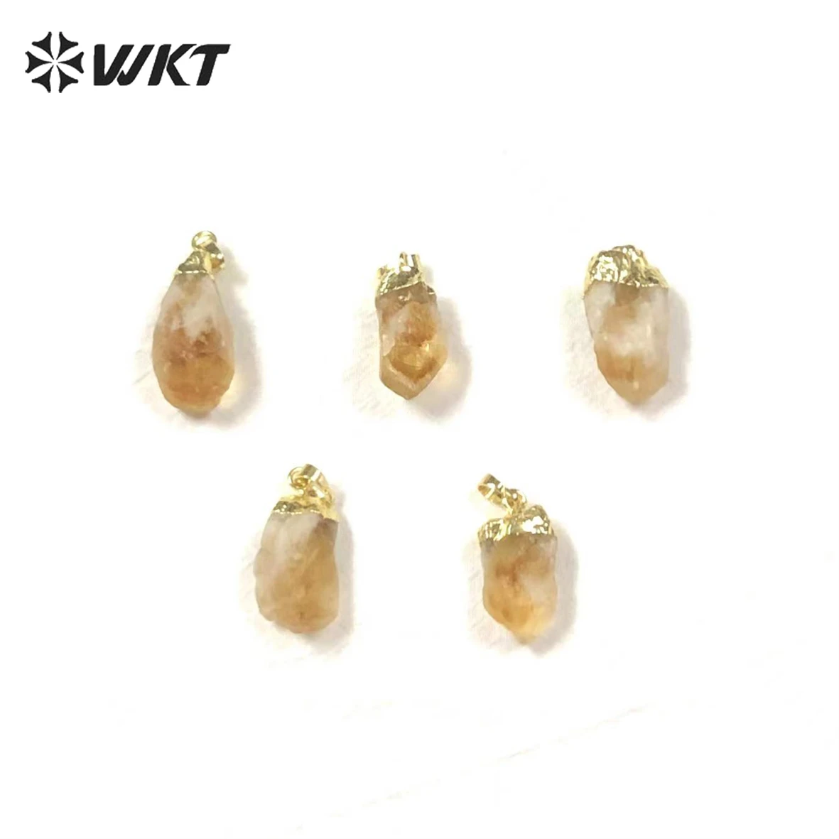 

WT-P1757 WKT fine Wholesale Natural Yellow Citrines Pendants with Gold Color Beautiful Original Crystal Random Shape women