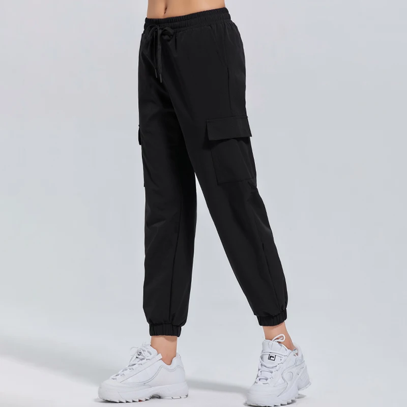 Women\'s Sports Pants Loose Spring Autumn Running Yoga Tracksuit Trousers Pocket Fitness Solid High Waist Cargo Jogging Pants