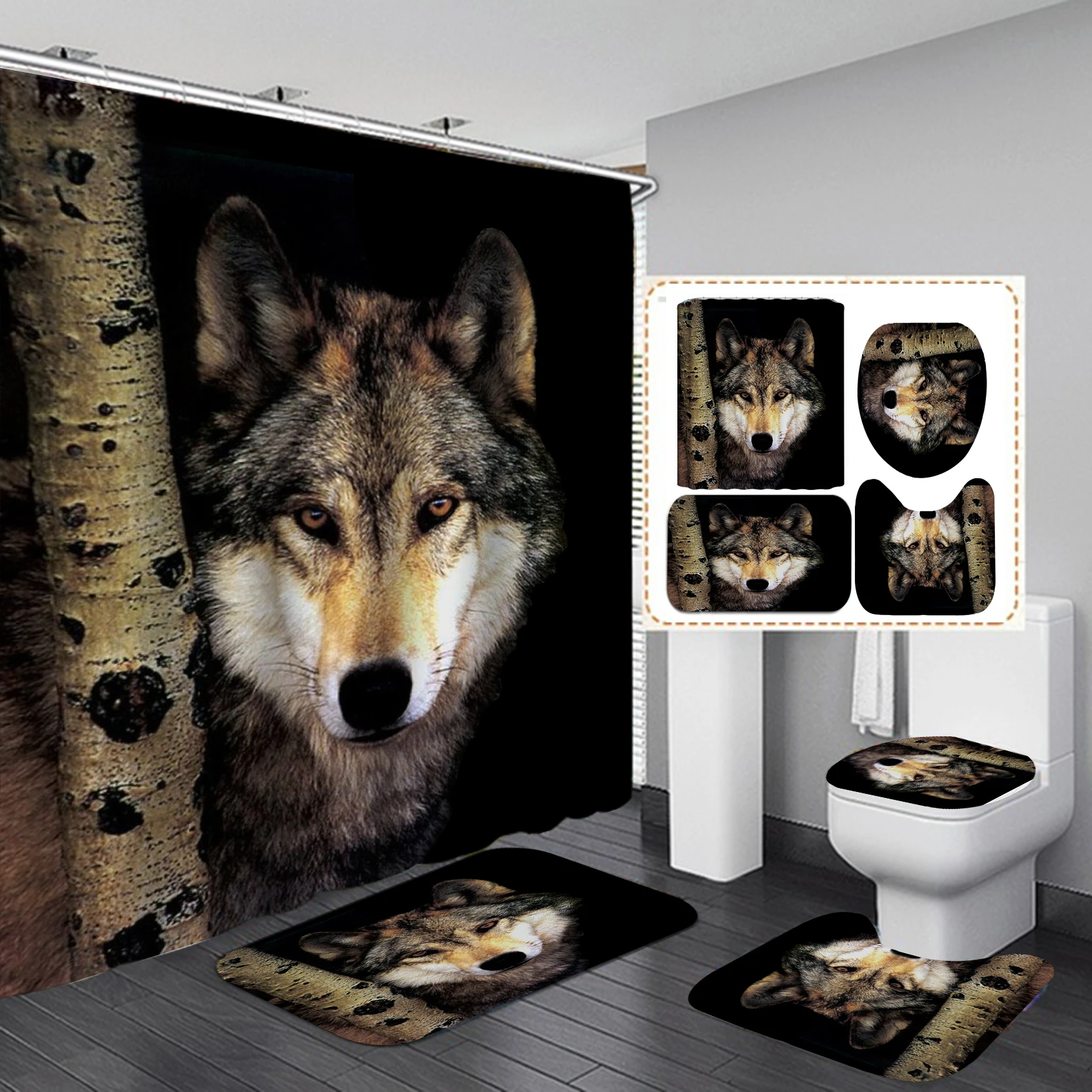 Wolf and Moon Digital Printed Shower Curtain Waterproof Bathroom Curtain Set with Hooks Home Decor Cortina De Baño De Lobo