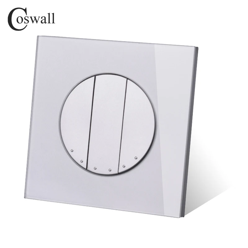 Coswall 3 Gang Momentary Contact Push Button Wall Light Switch Reset Pulse Switch Gray Grey Crystal Glass Panel R11 Series