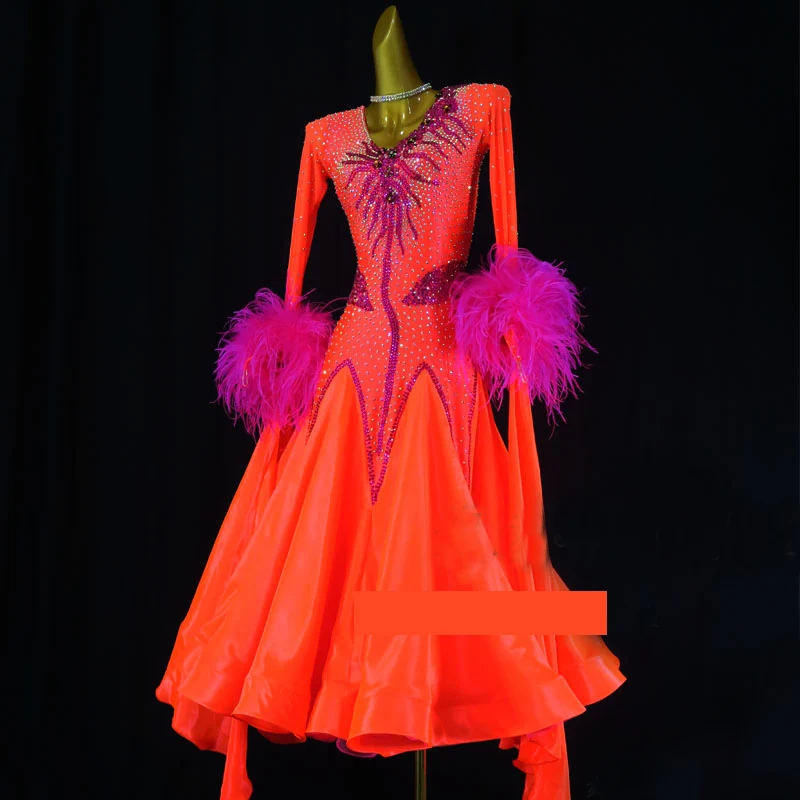 Feather Standard Ballroom Dance Dress Women Girls Competition Costume Lycra Waltz Stage Custom Made Orange Ballroom Dance Dress