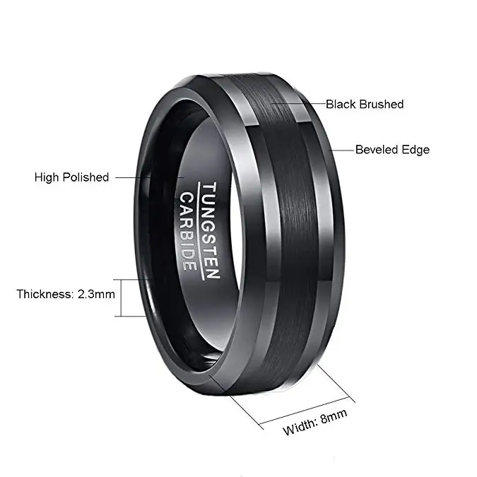 NUNCAD 8mm Tungsten Carbide Black Wedding Engagement Band Brushed Center Men\'s Ring Beveled Edge Comfort Fit Size 7-12 T018R