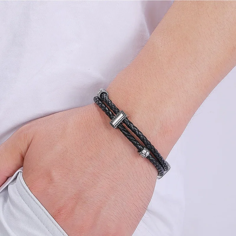Fashion Men Jewelry Genuine Leather Bracelet Charm Stainless Steel Clasp Men's Bracelet BB1158 image 3