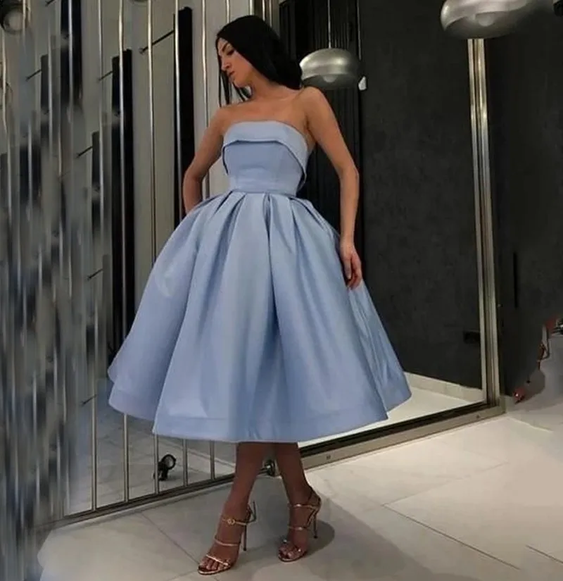 Robe De soirée courte en Satin bleu foncé, tenue De soirée élégante et Simple, sans bretelles