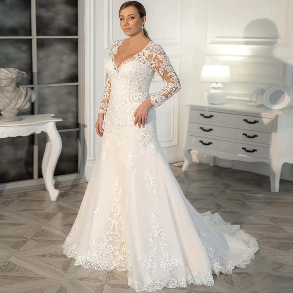 Plus Size Wedding Dress 2024 Elegant Trumpet Lace Appliques V-Neck Long Sleeves A-line Modest Ivory Vestido De Novia Custom Made