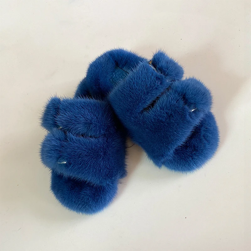 Mink Slippers European Station Fashion Fur Slippers 100% Mink Fur Slippers Children Girls Slippers