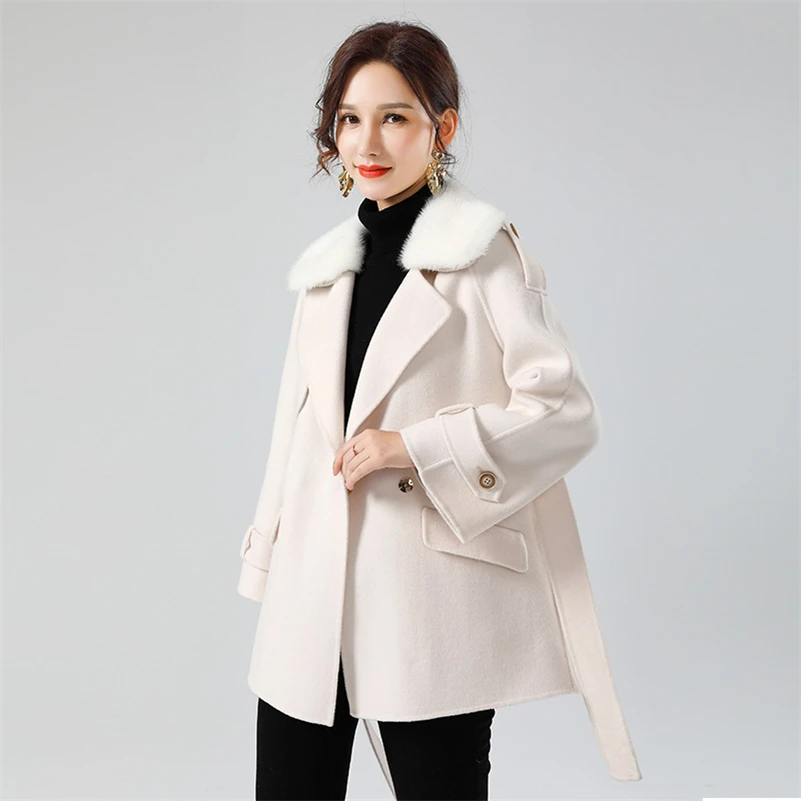 Pudi Women Winter Real Fur Coat Jacket With Mink Fur Collar 2020 Ins Hot Lady Over Size Wool Blends Mink Fur Parka Trench Z20187