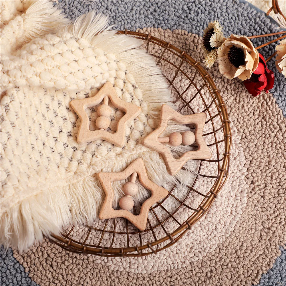 Wooden Rattles For Newborn Baby 1pc Baby Toys Star Shape Ring Teether Montessori Stroller Educational Toys Baby Wood Rattles