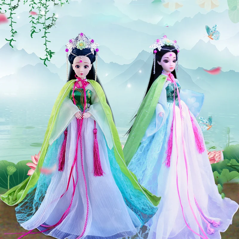 

1/6 Scale 30cm Ancient Costume Long Hair Green Fairy Dress Princess Barbi Hanfu Doll 12 or 20 Joints Body Model Girl Gift Toys