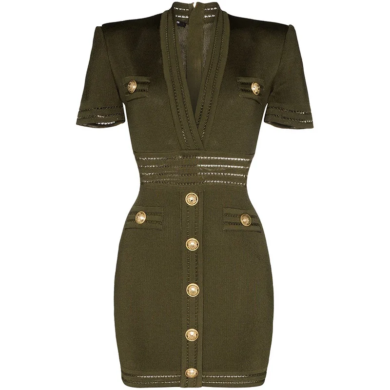 High Quality European American Design Sexy V-neck Short Sleeve Skinny Knit Army Green Casual Dress Stretchy Slim Mini Dresses