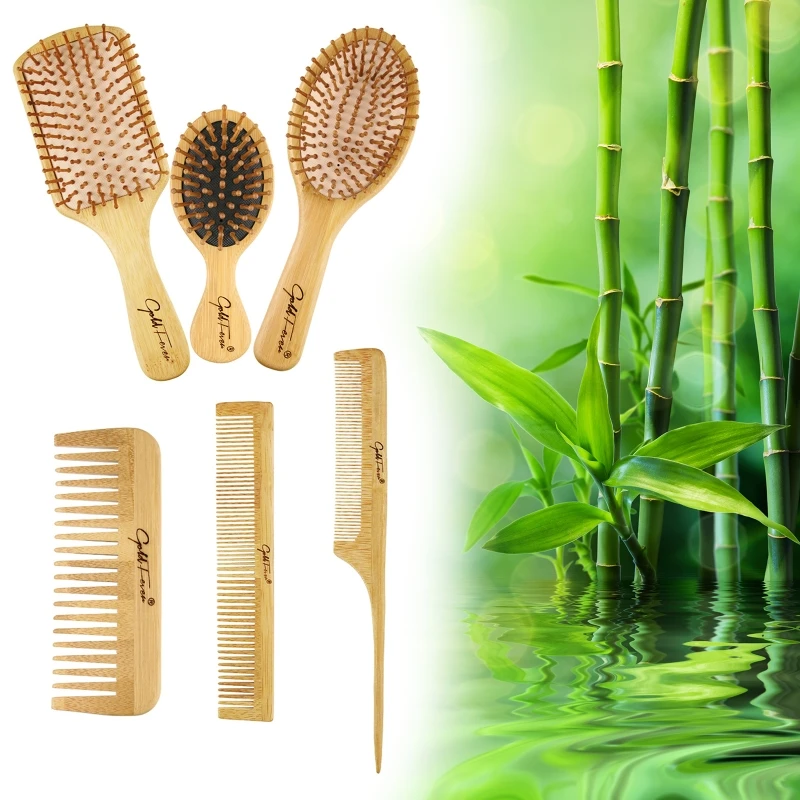 

6Pcs Wood Combs Healthy Paddle Scalp Hairbrush Bamboo Cushion Head Massage Brush 11UF