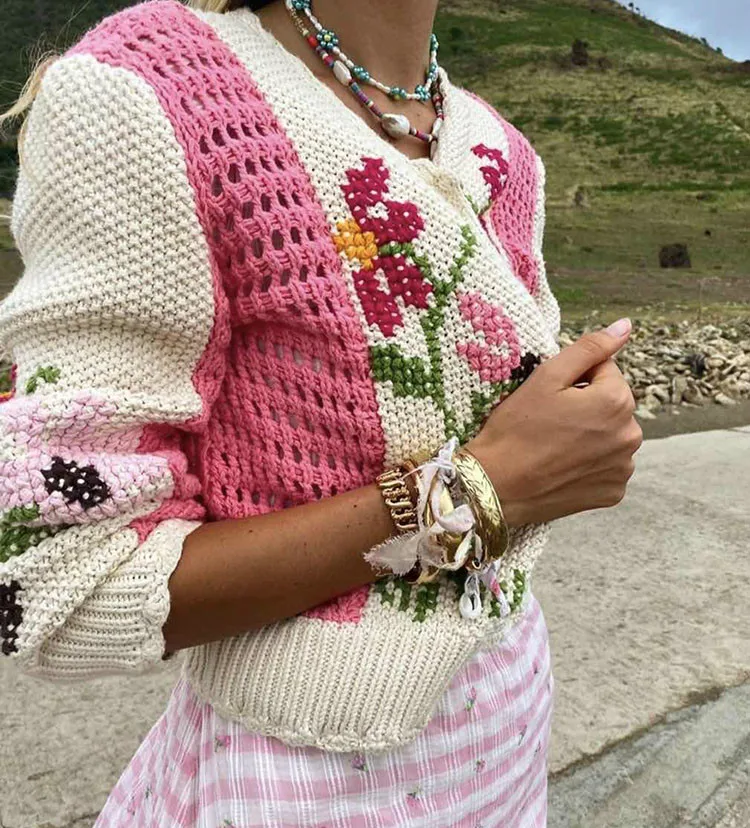 TEELYNN long sleeve pink floral embroidery Crochet sweaters women coat 2020 vintage knit Cardigan autumn warm sweater jumper