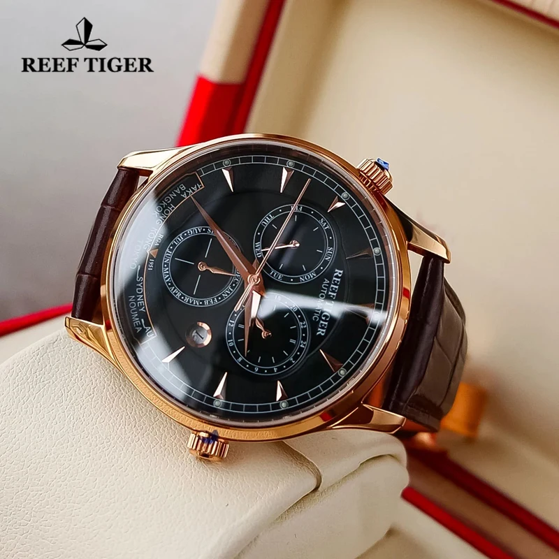 Reef Tiger/RT Top Brand Designer Men's Watch World Time Date Rose Gold Automatic Mechanical Watch