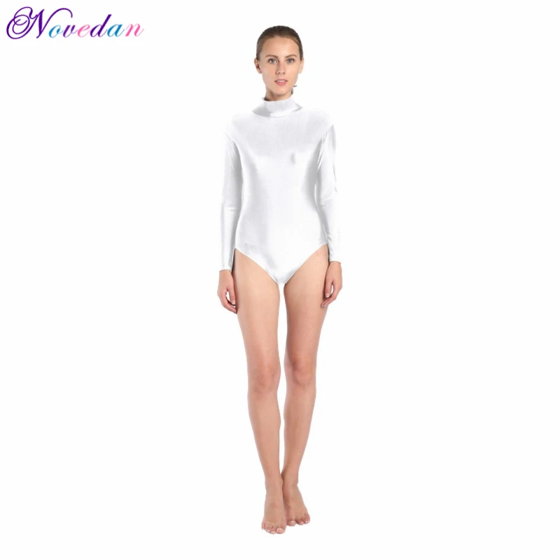 Women Long Sleeve High Neck Ballet Leotard Turtleneck Shiny Metallic Dance Bodysuit Gymnastic Leotard Unitard Adult Dancewear