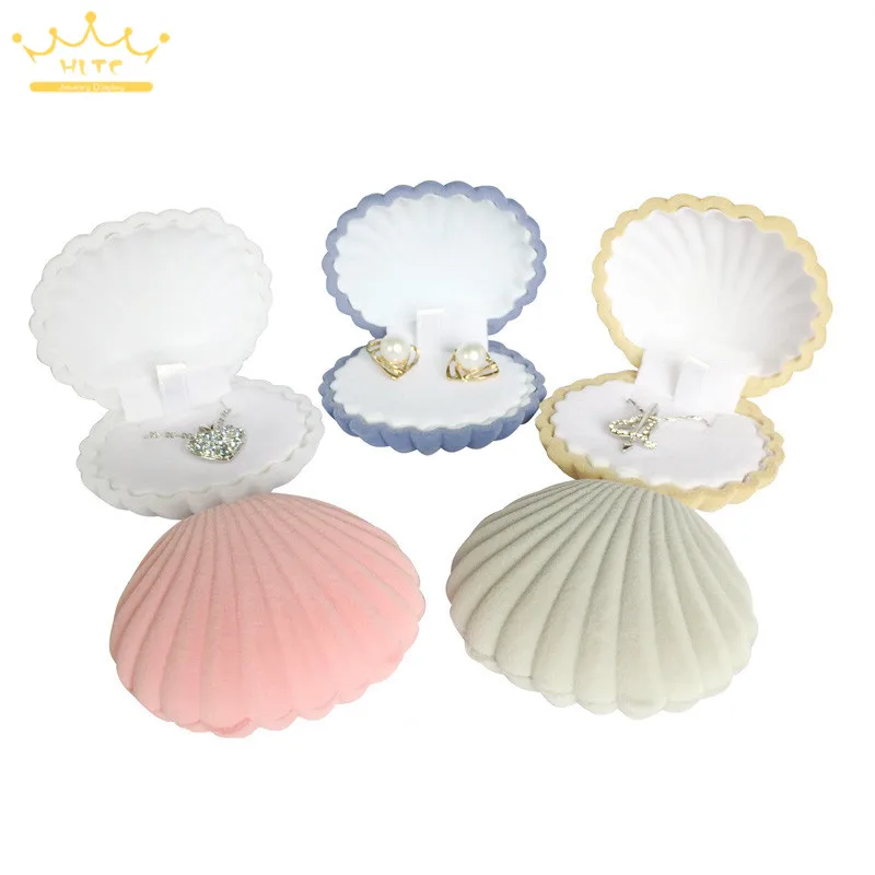 Imagem -03 - Shell Shape Jewelry Display Gift Box Veludo Adorável Anel de Noivado de Casamento Colar de Brincos Cadeia Atacado 50 Unidades por Lote