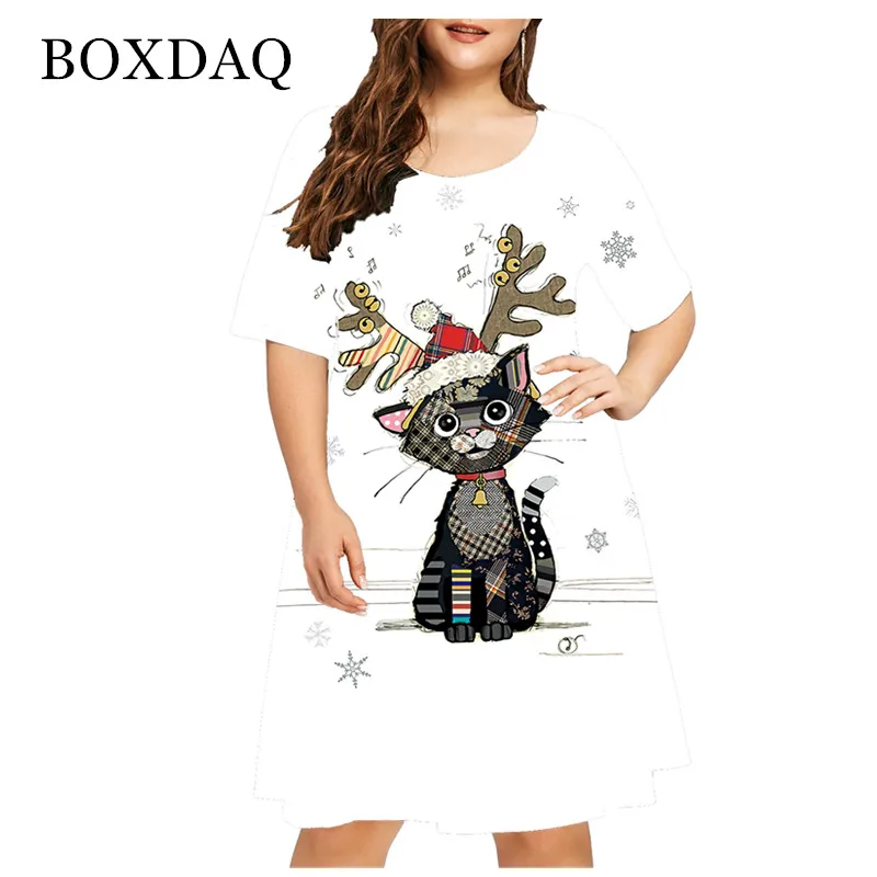 New 2021 Summer Women Cute Cat Print Dress Casual Short Sleeve Ladies Mini Dress Street Fashion Plus Size Women Clothing 4XL