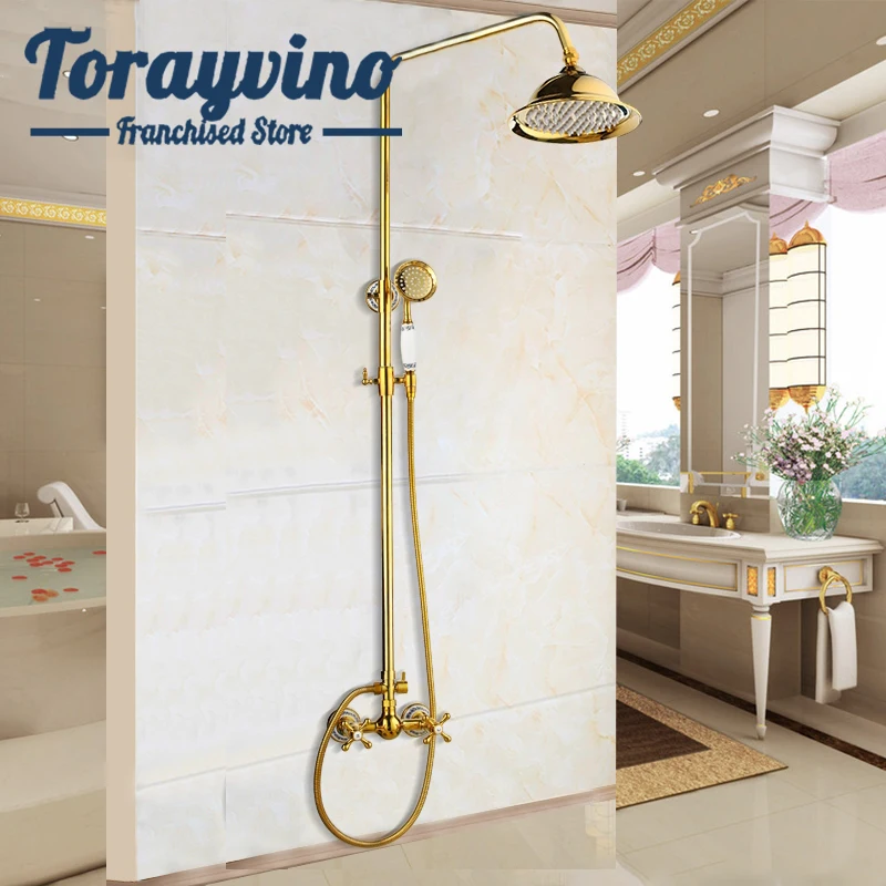 

Torayvino bathroom shower Gold Brass Shower set Mixer Tap Faucet Rainfall sprayer Shower Head Round Wall Mounted water tap Sets