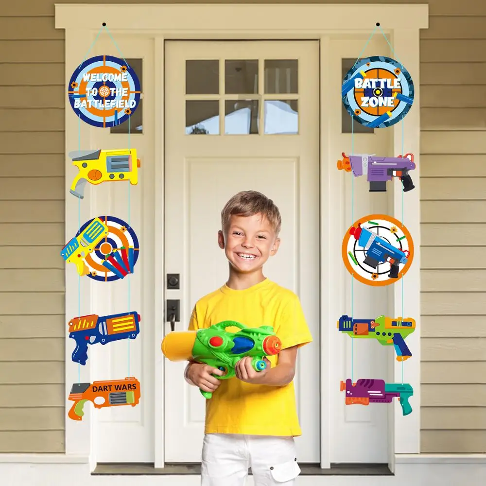 10pcsToy Gun Dart War Hanging Door Porch Sign Party Decoration Wall Favor Banner Cardboard Outdoor Decor Gifts for Kids