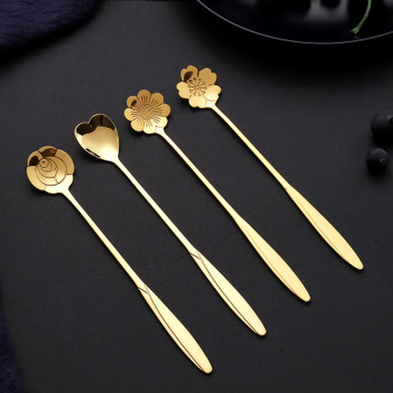 Hot Sale Tea Coffee Mixing Spoon Gold Spoon Long Handle Dessert  Stainless Steel Vintage Teaspoons Tableware  Flowers Design