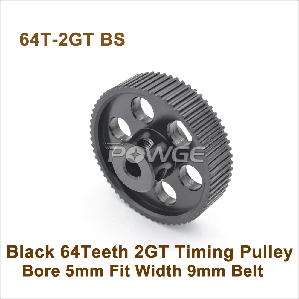 

POWGE Black 64 Teeth 2GT Synchronous Pulley Bore 5mm For W=9mm 2MGT Timing Belt 64T 64Teeth GT2 Pulley 64-2GT BS 3D Design