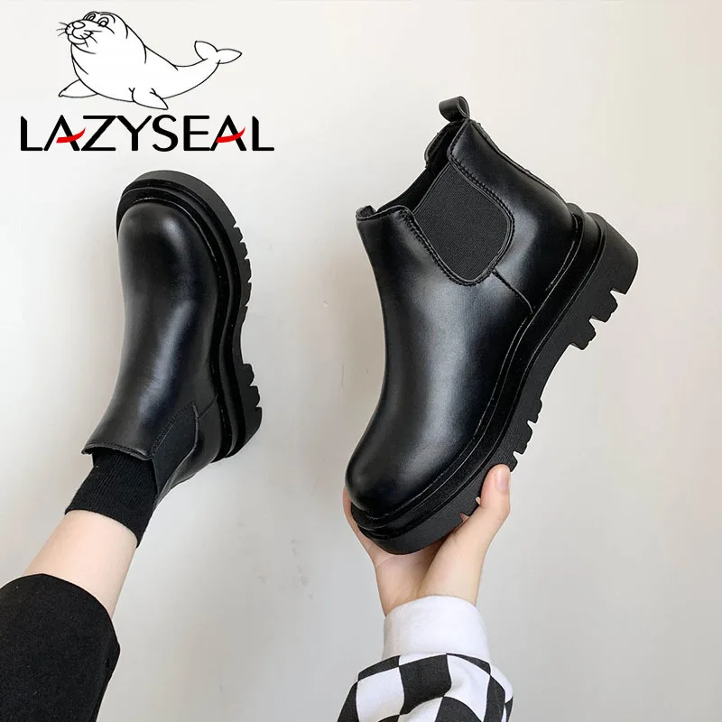 LazySeal Women Chelseaboots Patchwork Ankle Boots Slip On Round Toe Chunky Winter Shoes Chunky Heel BV Boot  Lasdies New Fashion