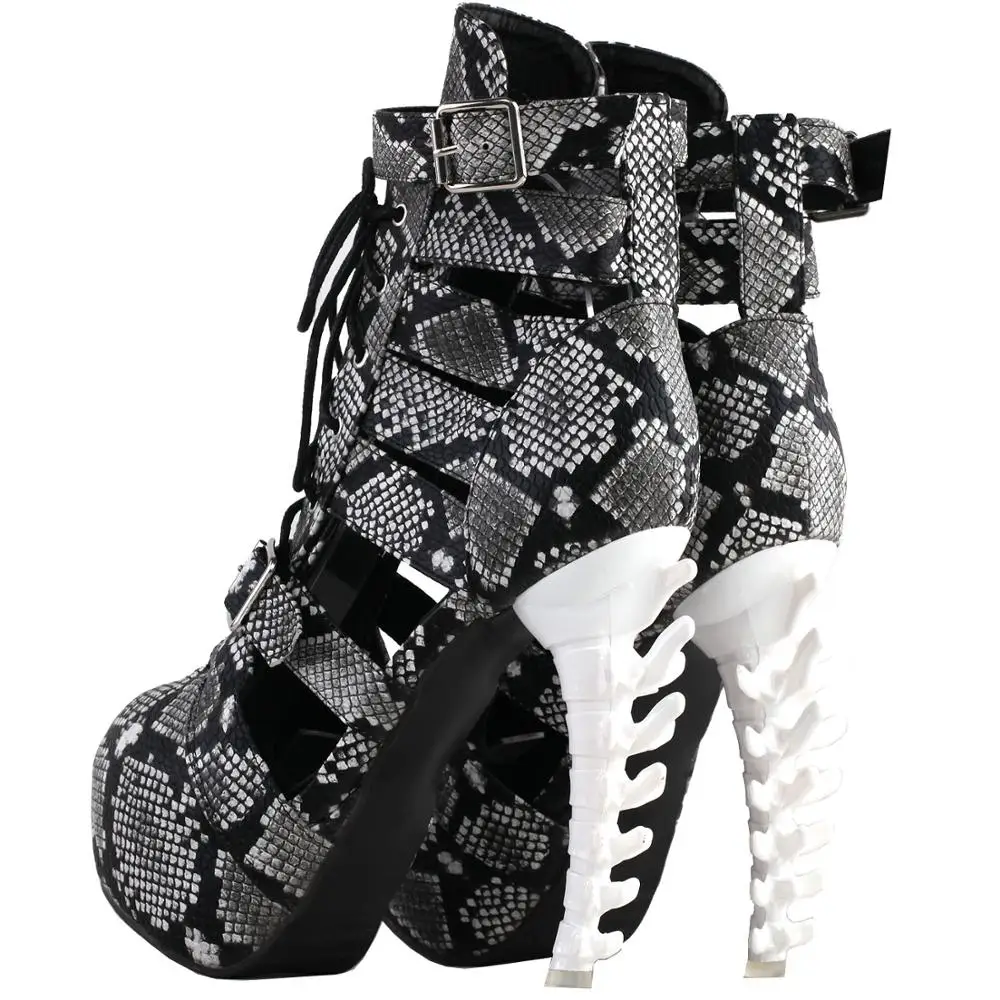 LF80699 SHOW STORY Punk Snake Skin Print Lace-Up Gladiator Hidden Platform Bone Heels Ankle Bootie