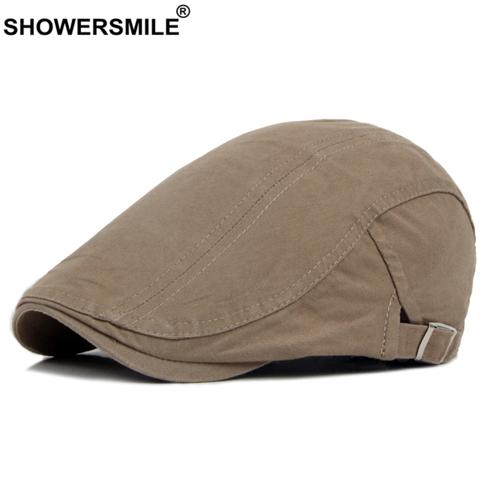 SHOWERSMILE Khaki Spring Summer Berets Hat Men Newsboy Caps Visors Cotton Cabbie Solid Duckbill Ivy British Casual Flat Cap