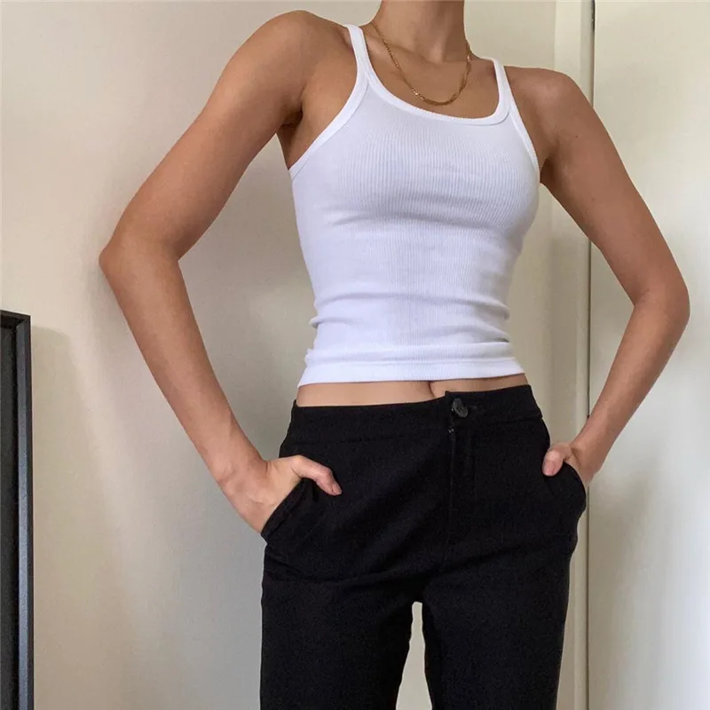 Casual White Sleeveless Cotton Cami Top Women Fashion Ribbed Crop Top Tees Ladies Basic Fitness Camisole Summer 2023