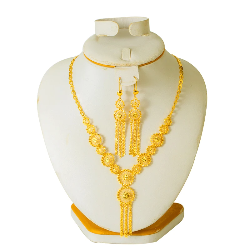 Nieuwe 2020 Dubai Sieraden Set Voor Vrouwen Arabische Ethiopische Ketting Afrikaanse Oorbellen Goud Kleur Ketting Bruids Gift