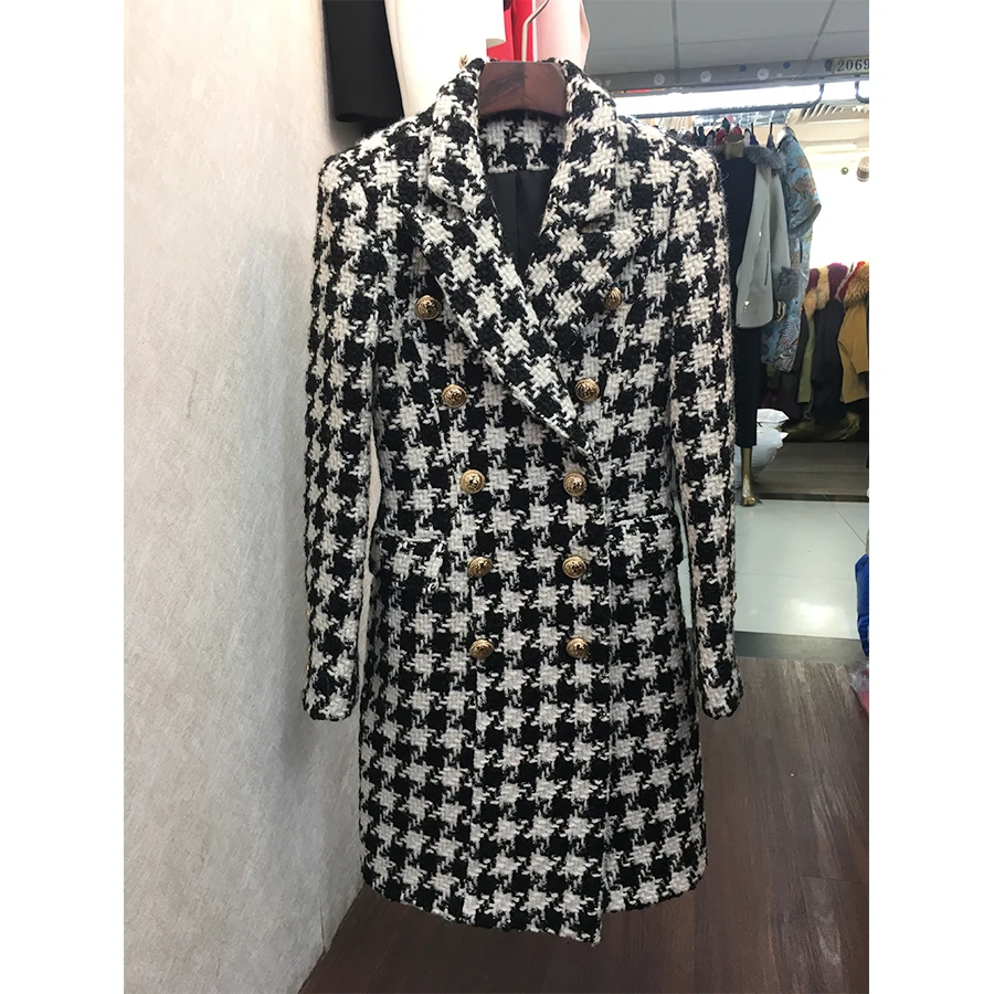 High Quality New Stylish Nice Designer Wool Coat Women's Double Breasted Lion Buttons Houndstooth Tweed Long Coat