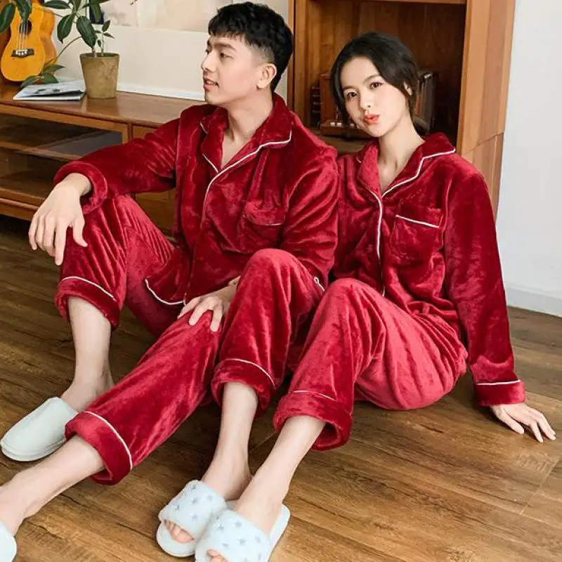 Couple Pajamas Suit Winter New Coral Fleece Sleep Set Home Clothing Intimate Lingerie Casual Soft Nightwear Flannel Pyjamas