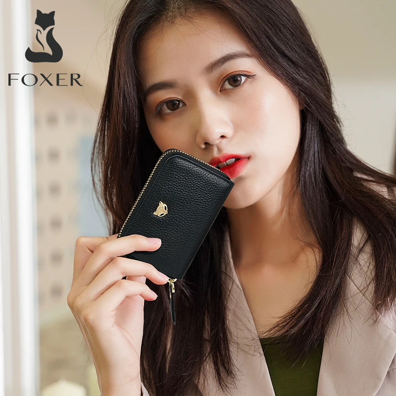 FOXER New Fashion Women\'s Luxury Leather Coin Purse Chic Mother\'s Small Coin Purse Short Solid Color Multi-Card Position Clutch