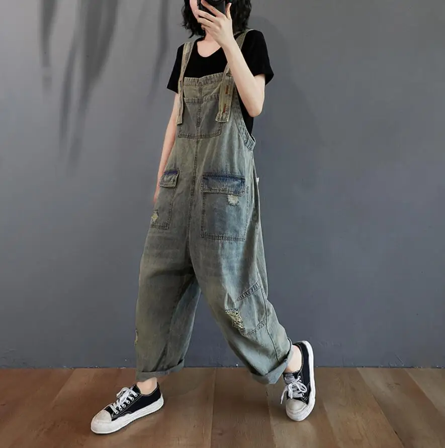 Denim Jumpsuits Baggy Suspenders Jean ripped Hole Trousers Wide Legs Bib Jean Overalls Big pocket Rompers s862