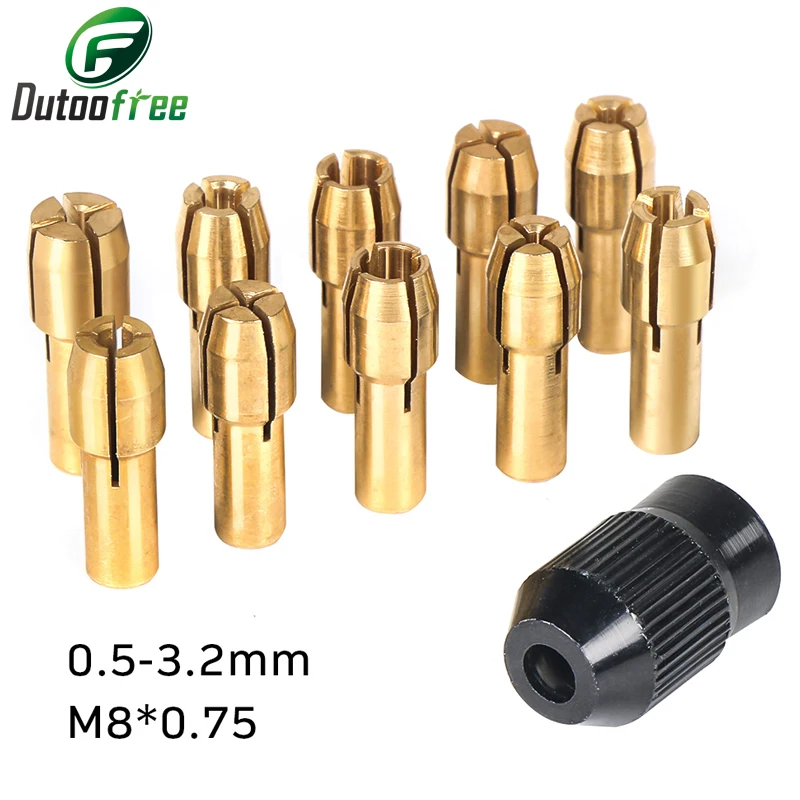 

11PCS/lot Mini Drill Brass Collet Chuck for Dremel Rotary Tool 0.5-3.2mm Brass and Nut for Dremel Accessories Set