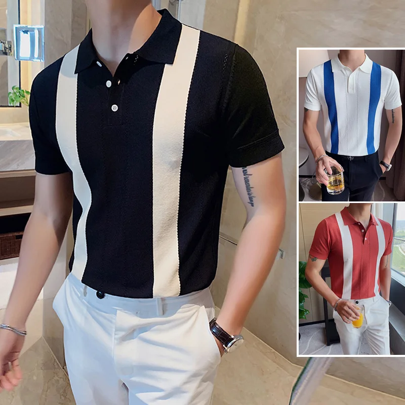 

Summer Fashion Men Short Sleeve Ice Silk Knitted Polo Shirts Business Male Casual Slim Fit Stretched Striped Polos Homme B142