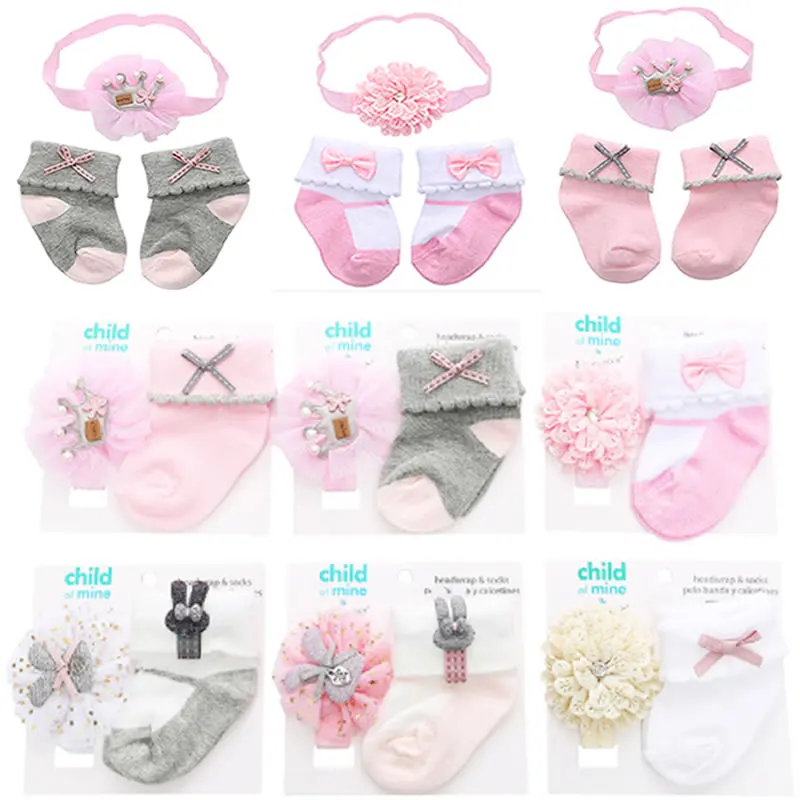 Socks Hair Band Set Flower Bow Cartoon Floral Cotton Spandex Newborn Girls Children Sock Baby Ribbons 95(%) Princess Headband