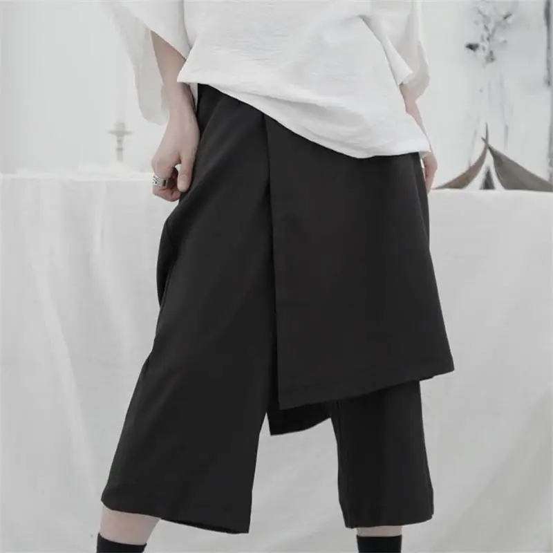 

Spring and Autumn Women Black Capri Pants Women Loose Fake Two Design Wide Leg Pants Straight-leg Nine Cent Pant Skirts