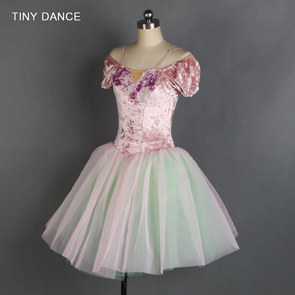 Off-the-shoulder Ballet Dance Tutu Leotard Dress for Girls Pink Velvet Bodice with Attached Pink/Green Romantic Tutu 20108